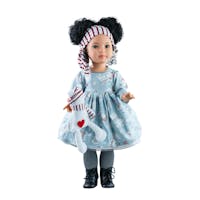 Dukkeklær - Blå kjole med isbjørnmotiv, stripete hårbånd, grå strømper og en bamse til - 60cm - fra Paola Reina,